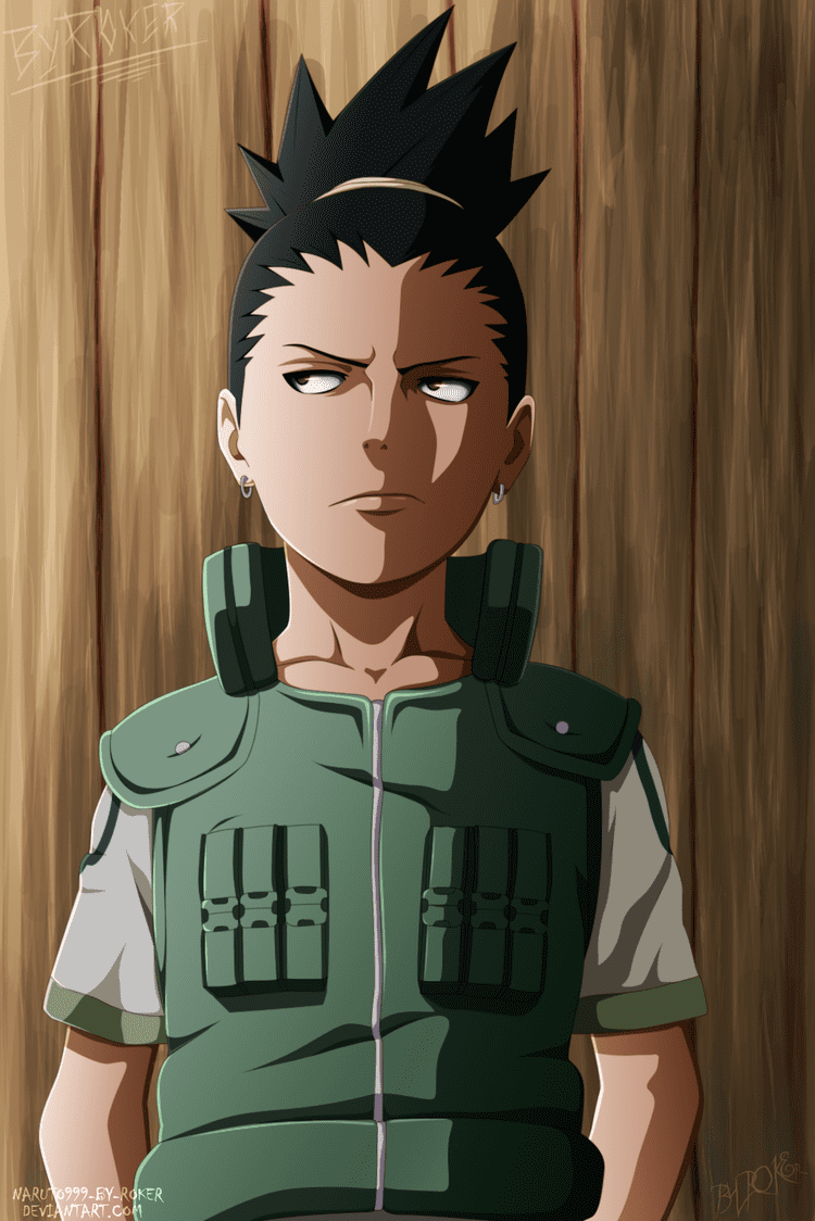 Shikamaru Nara looking angry with a topknot hairstyle and wearing a white shirt under a green vest and hoop earrings