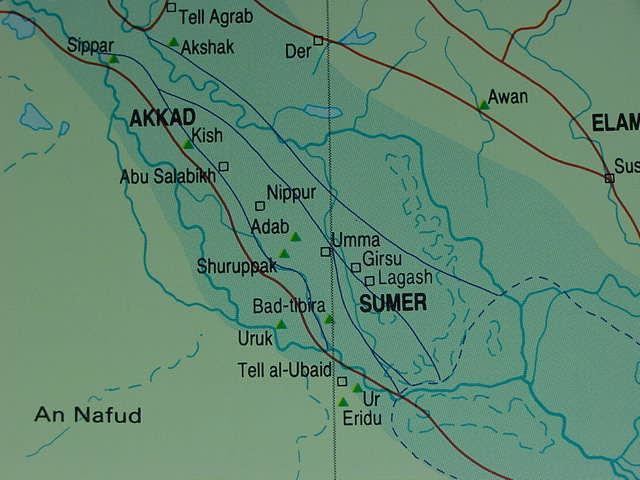 The map shows that Akkad is located in northern Mesopotamia while Sumer is in the south