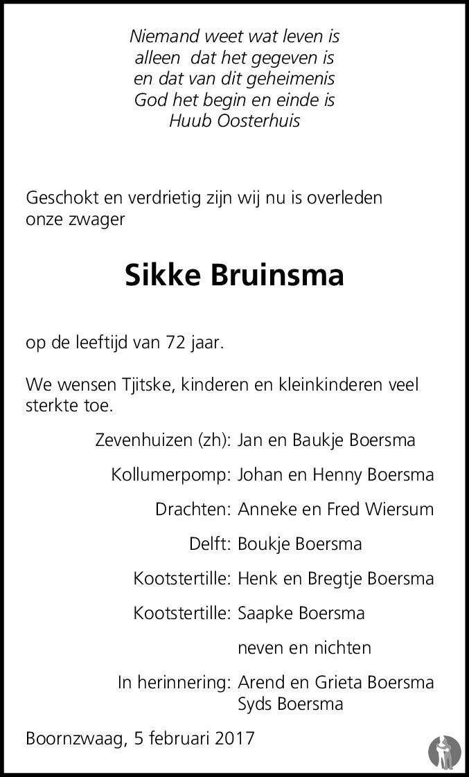 Sikke Bruinsma Sikke Bruinsma 05022017 overlijdensbericht en condoleances