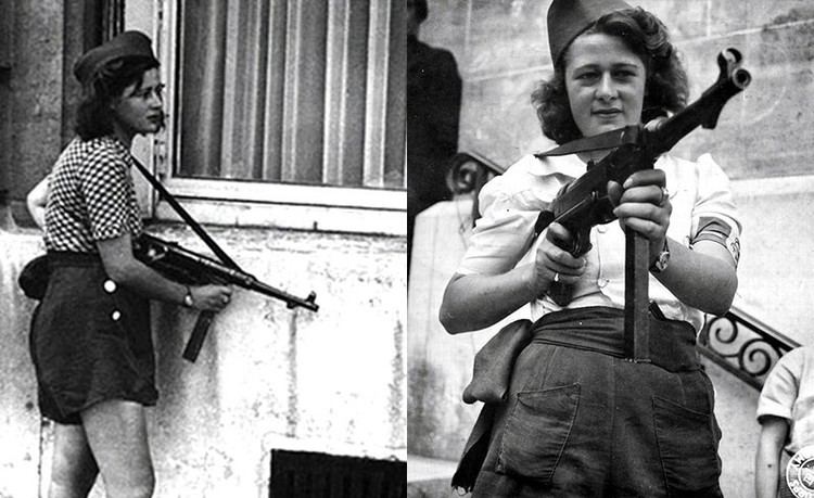 On the left, Simone Segouin holding a German MP 40 during the liberation of Paris while on the right, she is also holding the German MP 40 during the liberation of Chartres