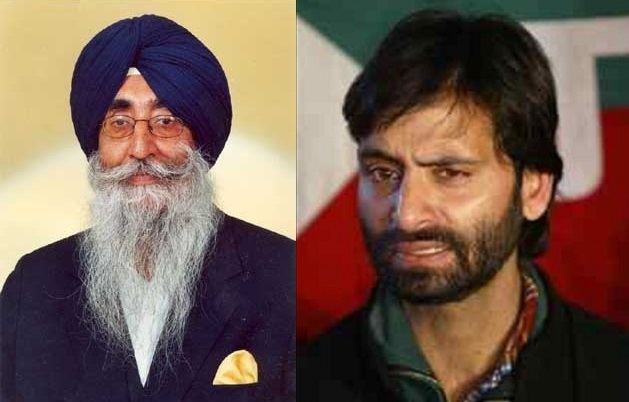 On the left is Simranjit Singh looking serious with a beard and a mustache, wearing a white shirt under a blue coat, eyeglasses, and a blue turban. On the right is Yasin Malik looking serious with a beard and a mustache and wearing a red and green shirt under black coat