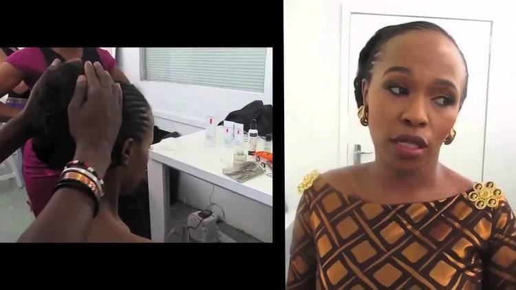 On the left, a hairstylist fixing Sindi Dlathu's hair. On the right, Sindi Dlathu, in one of her interviews, wearing a brown and gold dress