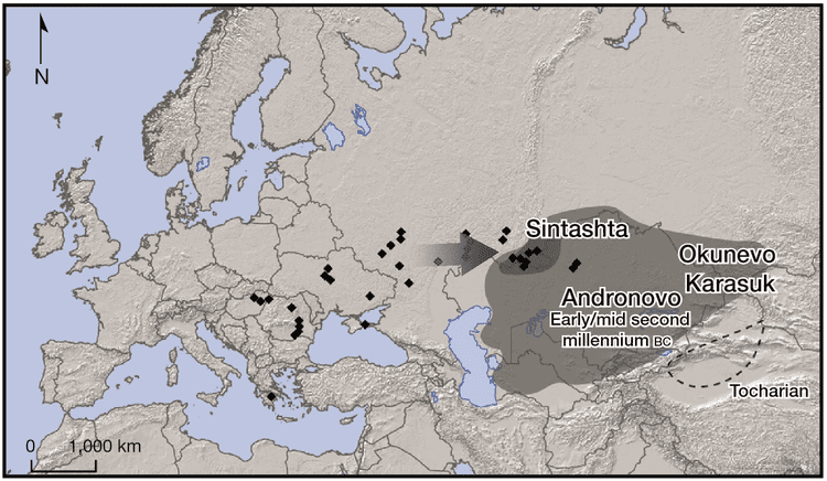 Map of Europe showing the location of Sintashta, Andronovo, Okunevo,  Tocharian, and Karasuk culture