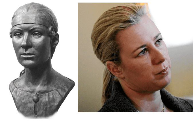 On the left, a portrait bust of an Andronovo while on the right, a woman with a resemblance to the sculpture