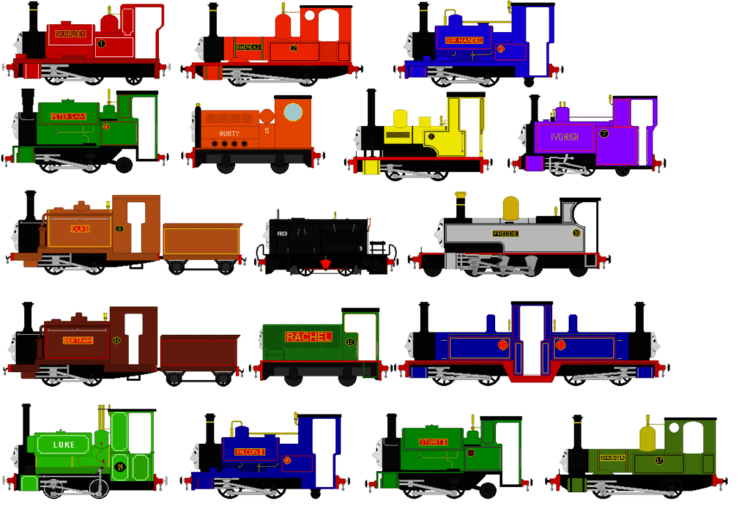 Skarloey, Rheneas, Sir Handel, Peter Sam, Rusty, Duncan, Ivo Hugh, Fred, Rachel, Luke and the other cast of The Railway Series