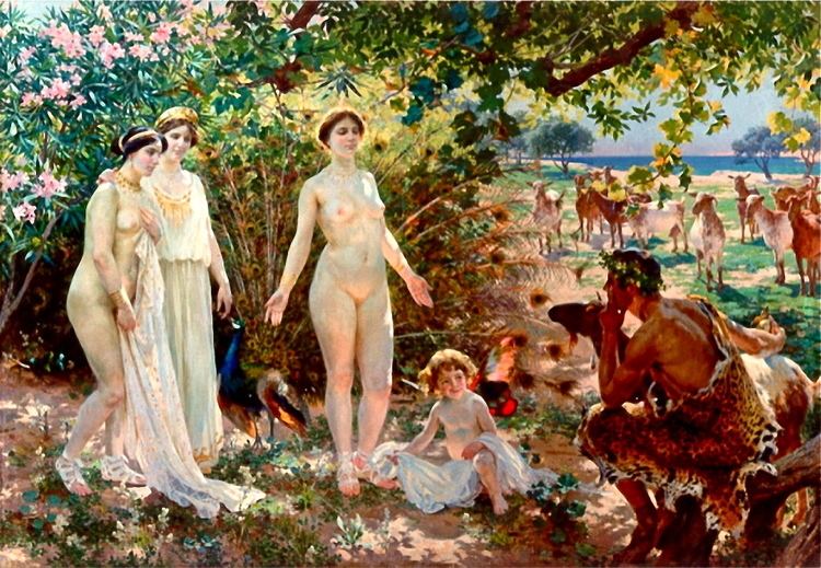 Skona Helena movie scenes El Juicio de Paris by Enrique Simonet c 1904 This painting depicts Paris judgement He is inspecting Aphrodite who is standing naked before him 