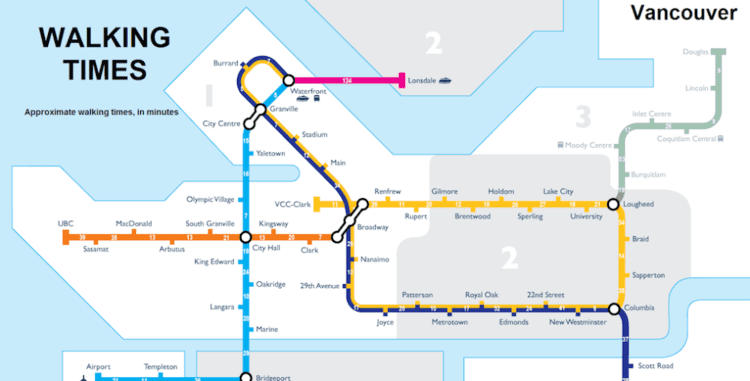 SkyTrain (Vancouver) Map of walking times between SkyTrain and BLine stations