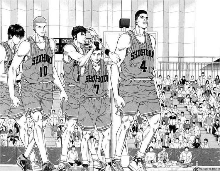 Rukawa Kaede, Hanamichi Sakuragi, Hisashi Mitsui, Ryouta Miyagi, Takenori Akagi (left to right) standing and preparing to play basketball to represent Shohoku High School in men's basketball, a scene of Japanese Sports Manga, Slam Dunk. Rukawa wearing number 11 Shohoku Basketball uniform, Hanamichi wearing number 10 Shohoku Basketball uniform, Hisashi wearing number 14 Shohoku Basketball uniform, Ryouta wearing number 7 Shohoku Basketball uniform, and Takenori wearing number 4 Shohoku varsity uniform.