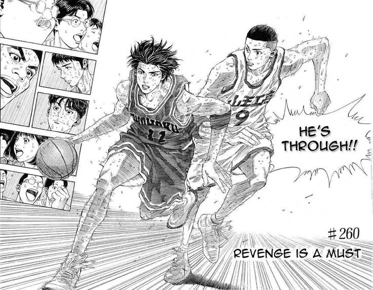 Kaede Rukawa and Sawakita Eiji with serious faces playing basketball (from left to right) in a scene of the Japanese Sports Manga, Slam Dunk. Kaede holding the basketball with one hand while wearing a number 11 Shohoku basketball uniform. Sawakita wearing a number 9 Sannoh basketball uniform