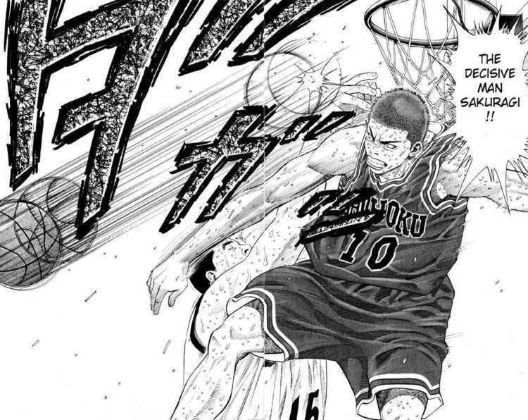 Sakuragi Hanamichi is angry while playing basketball in a scene of the Japanese Manga Sports, Slam Dunk, wearing the number 10 Shohoku Basketball uniform