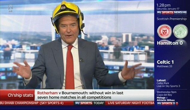 Soccer Saturday Jeff Stelling wears hard hat after fire drill during Soccer Saturday