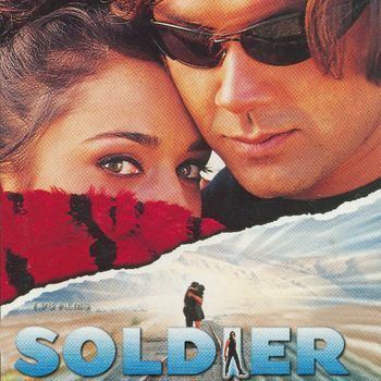 Bobby Deol and Preity Zinta hugging each other in the movie poster of the 1998 film "Soldier"