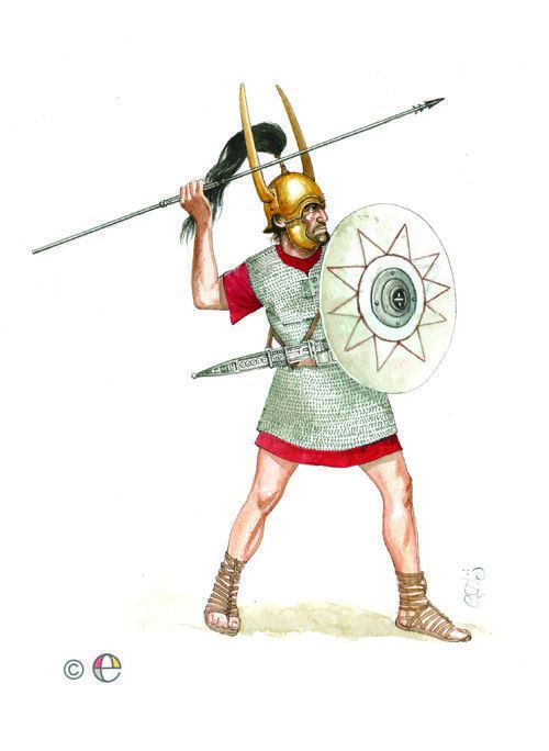 Soliferrum An Iberian warrior with a mail shirt a horned helmet and a shield