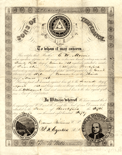Sons of Temperance Sons of Temperance Membership Certificate