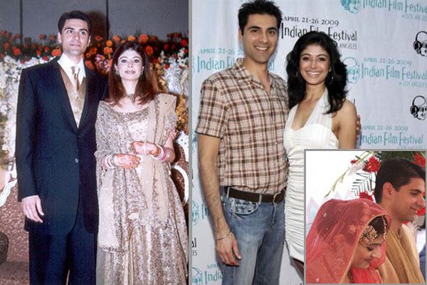 In the left photo Sonu S. Ahluwalia wearing a tuxedo and Pooja Batra wearing a light brown glamourous dress while in the right photo Sonu S. Ahluwalia wearing checkered polo and Pooja Batra wearing white dress and bottom right corner is their wedding