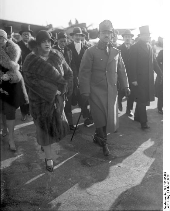 Soraya Tarzi walking with his husband Ammanulah Khan, the King of Afghanistan during their travel in Berlin