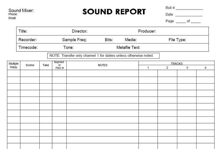 A blank Sound report sheet.