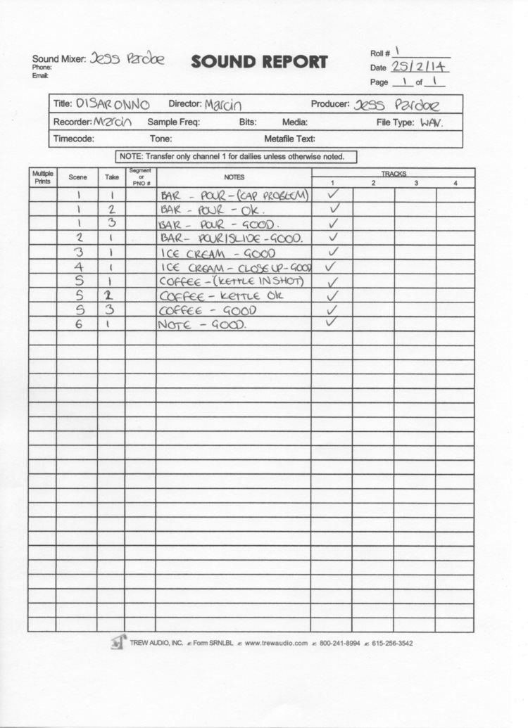 A Sound report sheet for a musical piece titled Disaronno.