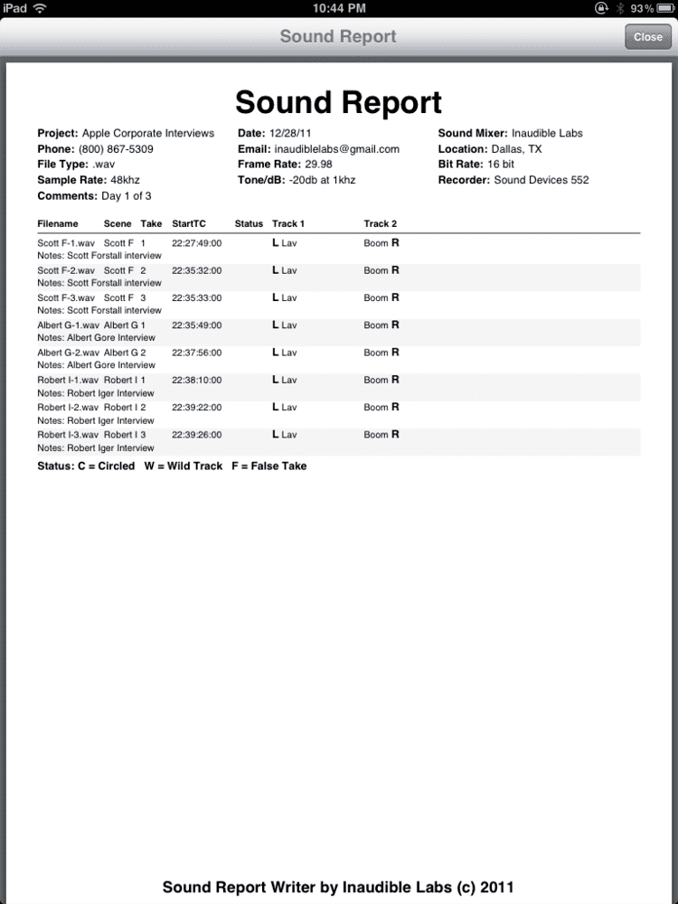 A filled-up Sound report sheet for Apple Corporate Interviews.