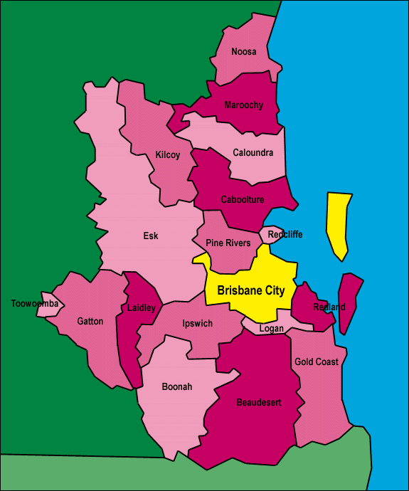 South East Queensland Map of Brisbane in South East Queensland