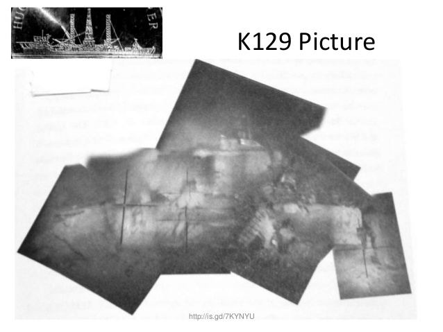 Soviet submarine K-129 as illustrated in its sunk state under the ocean.