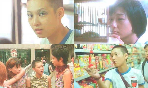 In the movie scene of Spacked Out 2000, On the 1st row 1st column, Maggie Poon is serious, mouth half open, has black bald hair, a blue makeup on her left eye, wearing a white shirt with blue collar. On the 1st row 2nd column, Maggie Poon is serious, looking at a red bird cage, with her hands touching the edge of the table, has black short hair wearing a white blouse, at the 2nd row 1st column, From left, Debbie Tam standing leaning on a white foot bridge, has brown hair wearing a blue shirt, 2nd from left, Angela Au is serious, standing leaning to the grills with her hands and back, has brown hair, wearing a white printed dress, 3rd from left, Maggie Poon is serious, mouth half open, standing, at the back is pedestrian’s has black bald hair wearing a camouflage shirt, At the right, Christy Cheung is serious, standing, looking at Maggie Poon(3rd), has short black hair with a hair clip, wearing a printed shirt with a brown fur scarf on her neck. At the 2nd row 2nd column, Maggie Poon is angry, standing in front of grocery store isle, with her hand closed provoking someone, has black bald hair wearing a brown bracelet, a brown shoulder bag and a white shirt with blue collars. Behind her is a man, shocked. Standing has black hair, wearing white shirt with blue collars and black knapsack.