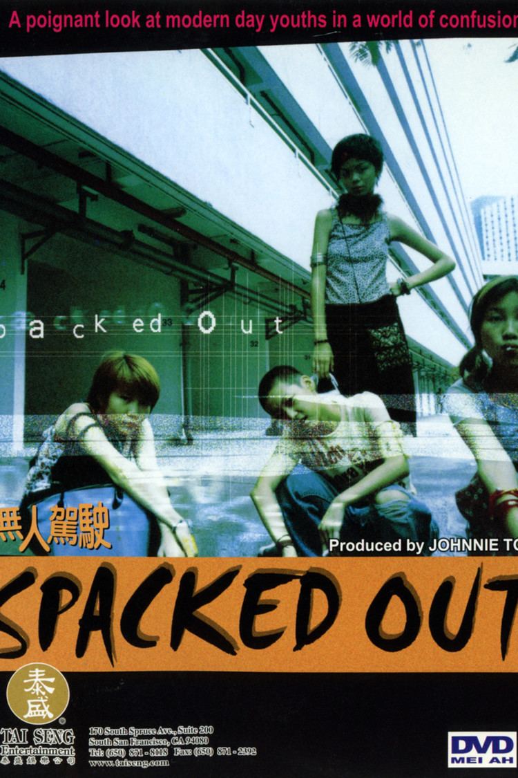 The poster of the movie Spacked Out 2000, From left, Debbie Tam is serious, crouching with her hand crossed with a blue shoulder bag at her right arm, on top of her is the title “Spacked Out” has short brown hair, wearing a white bracelet and white dress,2nd from left, Maggie Poon is serious, mouth half open, crouching with his arm on top of her knee, has black bald hair, wearing a black bracelet, cream printed shirt, and a denim pants, 3rd from left, Christy Cheung is serious, standing, left arm bent hand with bracelet on her waist with a bag hanging from right shoulder, has black short hair, wearing a shoulder rings, black bracelet, white printed noodle strap top and black long skirt, at the right, Angela Au is serious, crouching with lollipop on her mouth, her hands in front, has black short hair, wearing a red bracelet, white shirt and black short. In front is the title overlayed “SPACKED OUT” in Orange box along with orange character on left and “produced by JOHNNIE TO” at the left bottom is a Chinese character inside a gold circle with a word “TAI SENG ENTERTAINMENT” below, at the bottom right is a white background written “DVD MEI AH”