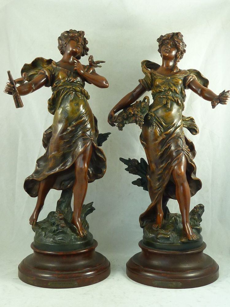 Spelter Large pair of Art Nouveau bronzed spelter female figures signed