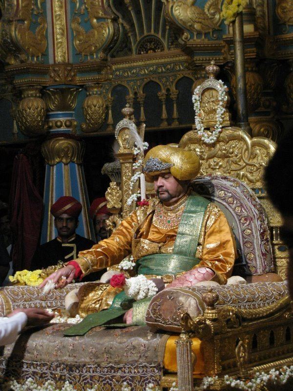 Wadiyar sitting on the Mysore throne during a private Dasara ceremony.
