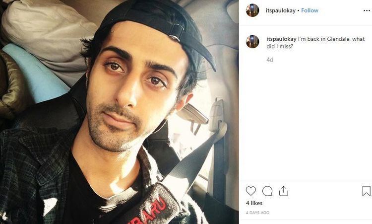 On the left, Paul Shelesh with a serious face while inside a car, with a mustache and beard, wearing a black cap, black shirt, and checkered polo shirt. On the right, Paul Shelesh's Instagram post.