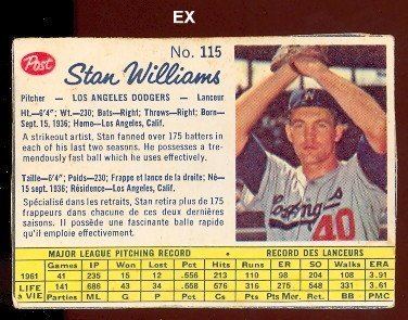 Stan Williams (baseball) Amazoncom 1962 post Canadian Baseball Card 115 Stan