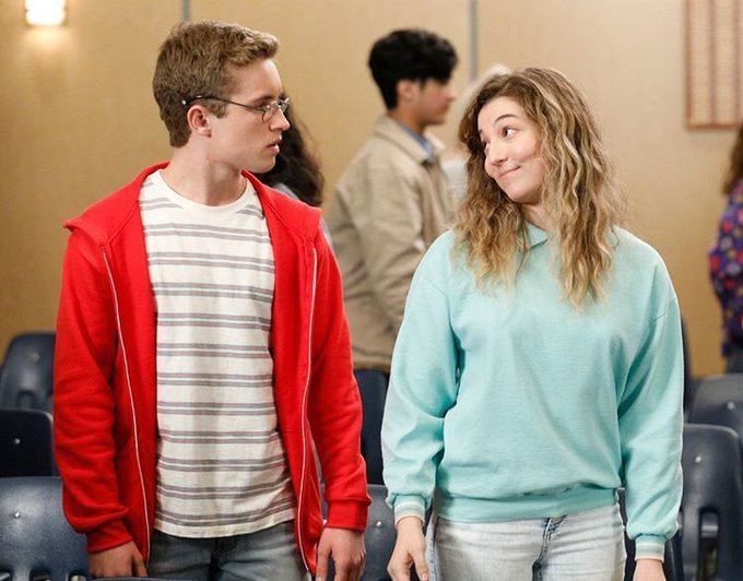 Stephanie Katherine Grant as Emmy talking with Sean Giambrone as Adam in a scene from the TV series, The Goldbergs (2013).
