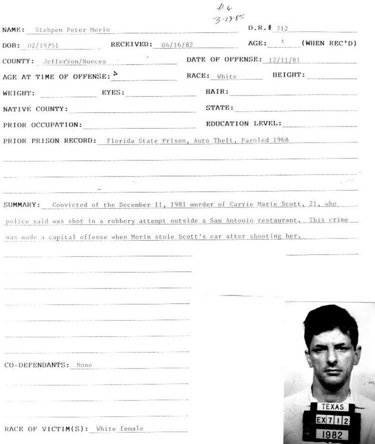 Stephen Morin's criminal record report where his personal information and the crime he committed are indicated. Stephen's mugshot (lower right corner) holding a board with words and numbers written on it like "TEXAS", "EX712", and "1982". Stephen with a serious face and mustache is wearing a polo shirt