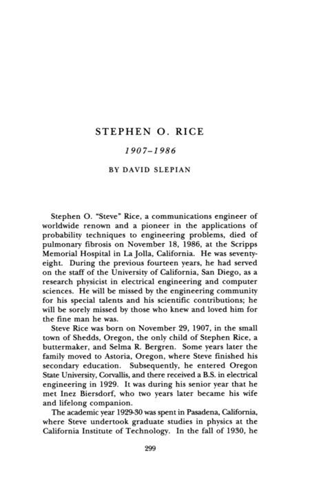 Stephen O. Rice Stephen O Rice Memorial Tributes National Academy of Engineering