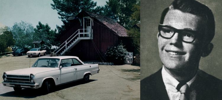On the left, Steven Parent Charles' house with three cars. On the right, Steven Earl Parent wearing eyeglasses and a suit with a tie.