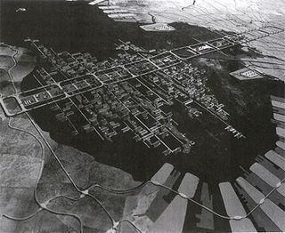 Structure of the "Plan of Tokyo", a redevelopment to shift from a radial centripetal system to a system of linear development by Kenzo Tange.