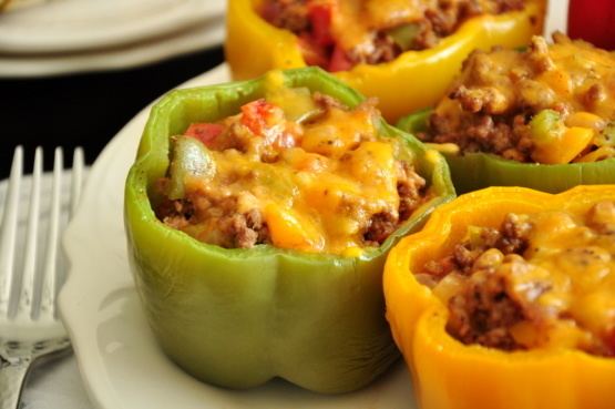 Stuffed peppers Ground Beef Stuffed Green Bell Peppers With Cheese Recipe Foodcom