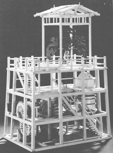 Model of Su Song’s great clock of 1902, 10 m high with a power-drivernamillary at the top observing the stars, inside the tower, a celestial globe turned in synchronization with the sphere.  there was the escapement, and detail (below), which was turned clockwise by water or mercury pouring from the tank on the right.