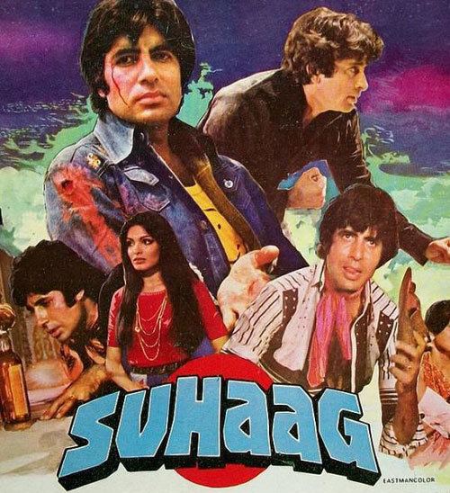 The movie poster of Suhaag (1979 film) Amitabh Bachchan, Shashi Kapoor, Rekha, and Parveen Babi and with other cast