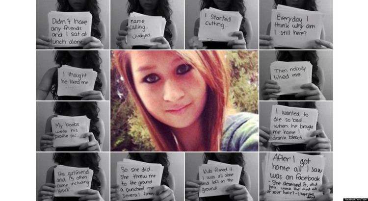 Amanda Todd (left, right, bottom, and upper) showing one card after another telling a story about bullying and experiences being a teenager. Amanda (center) with a tight-lipped smile and golden brown straight hair while wearing a blue blouse