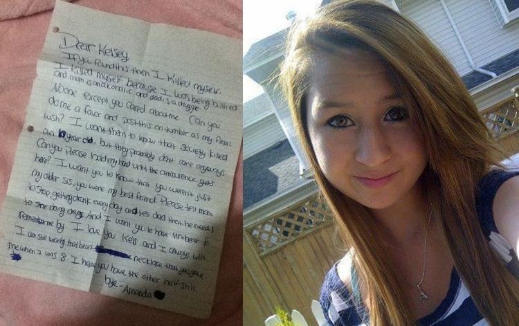 On the left, is Amanda Todd's suicide letter. On the right, Amanda with a tight-lipped smile and golden brown straight hair while wearing a white and blue striped blouse and necklace