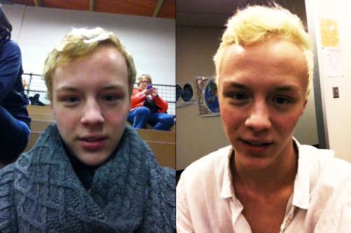 On the left, Jadin Bell with blonde dyed hair and wearing a blue scarf. On the right, Jadin Bell smiling, with blonde dyed hair and wearing a white polo shirt.