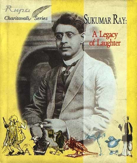 Sukumar Ray wearing eyeglasses, striped coat, vest, long sleeves, and necktie in a book cover of Sukumar Ray A Legacy of Laughter