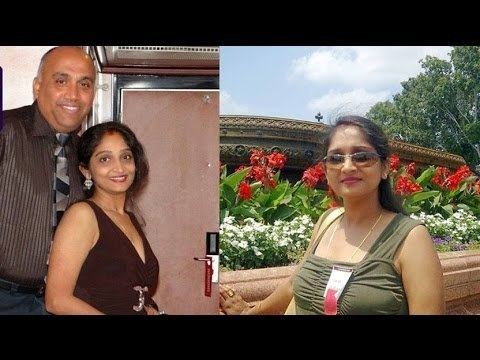 On the left, Sunitha wearing a dress with a man wearing long sleeves and a tie. On the right, Sunitha wearing eyeglasses with beautiful flowers in the background.