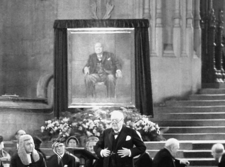 Winston Churchill giving a speech on his 80th birthday at Westminster Hall while his portrait is on display