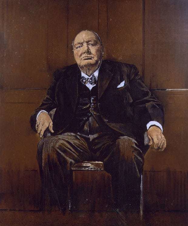 Sutherland's portrait of Winston Churchill while sitting on the chair and wearing a black coat, brown pants, vest, bow tie, and long sleeves