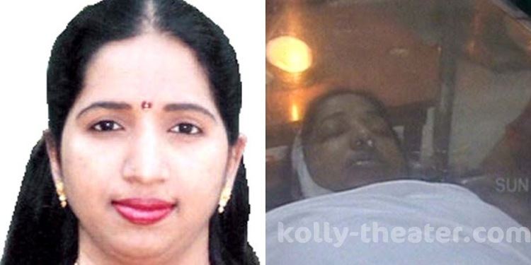 On the left Swarnalatha's tight lipped smile while on the right is Swarnalatha's funeral