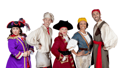 Jennie Dale, Joseph Elliott, Ella Kenion, Gemma Hunt, and Richard David-Caine (from left to right), the casts of Swashbuckle, a television show on CBeebies.