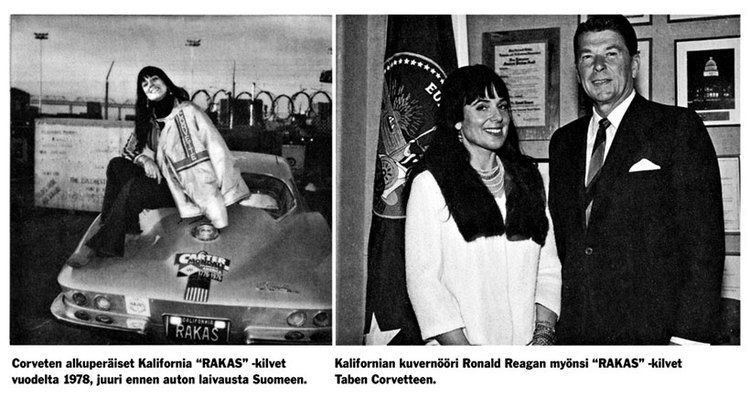 On the left, Tabe Slioor smiling while sitting on the top of a car, wearing a white coat and black pants. On the right, Tabe Slioor smiling, wearing a white and black top with Ronald Reagan smiling, wearing a suit, white long sleeves, and a tie.