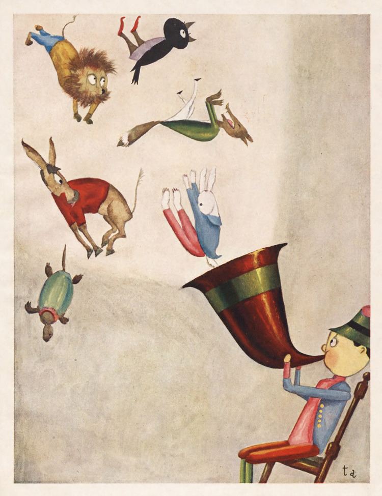Takeo Takei painting shows animals flying; a lion wearing blue pants, a parrot that has red feet, a horse wearing a red shirt, a rabbit wearing a blue long sleeve and a red pants, and a turtle that wears green, while a man sitting on a chair, blowing a trumpet and wearing a green hat, red long sleeve under a blue coat and red pants